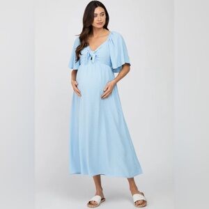 Pinkblush Light Blue Textured Dot Front Tie Ruffle Sleeve Maternity Midi Dress